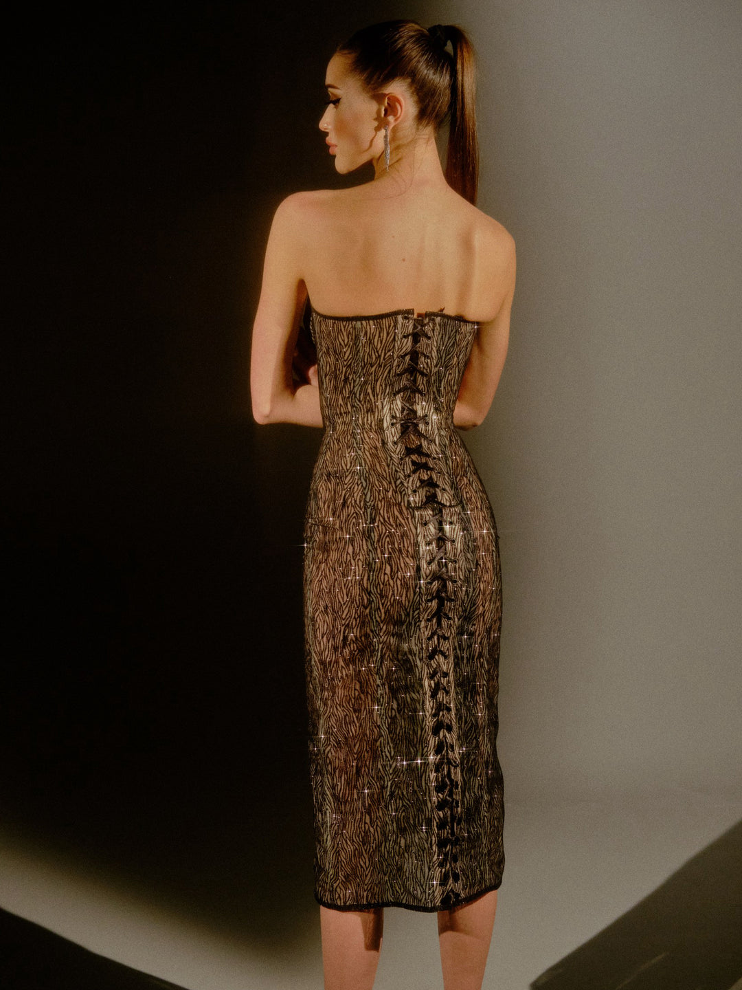 Muse Sparkle Corset Midi Dress in Beige & Black