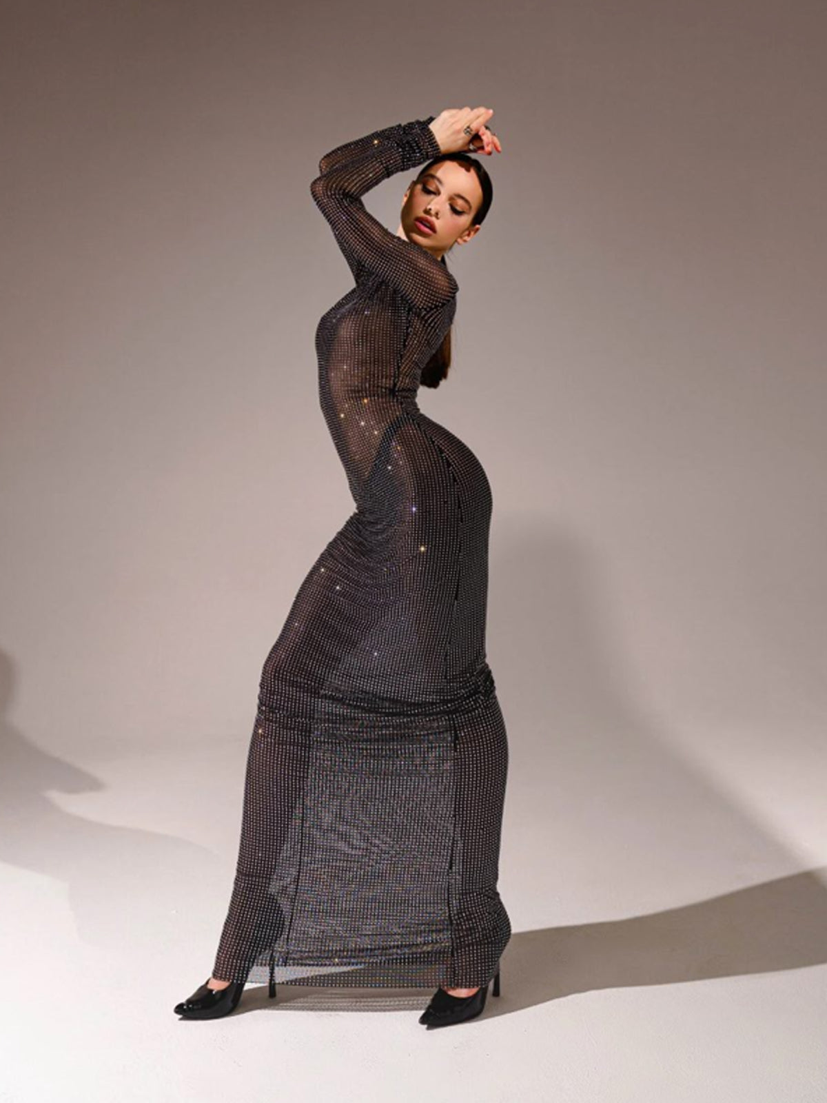 Crystal Embellished Long Sleeve Maxi Dress in Black