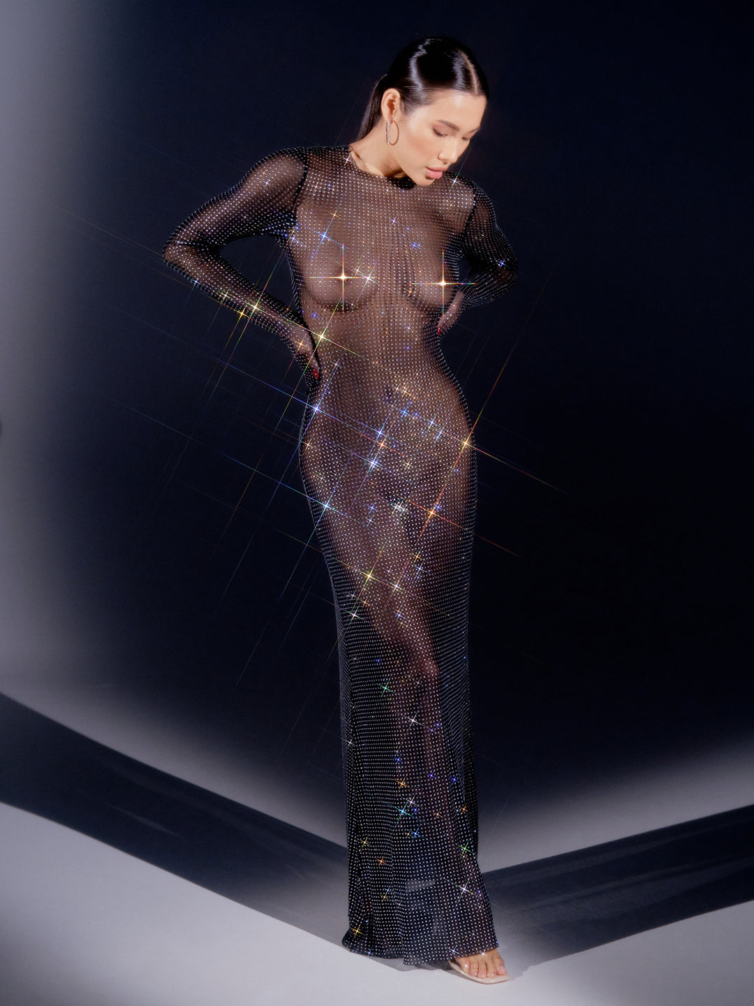 Crystal Embellished Long Sleeve Maxi Dress in Black