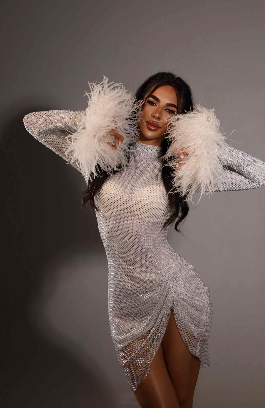 Diamond Swan Embellished Ostrich Feather Long Sleeve Mini Dress in White