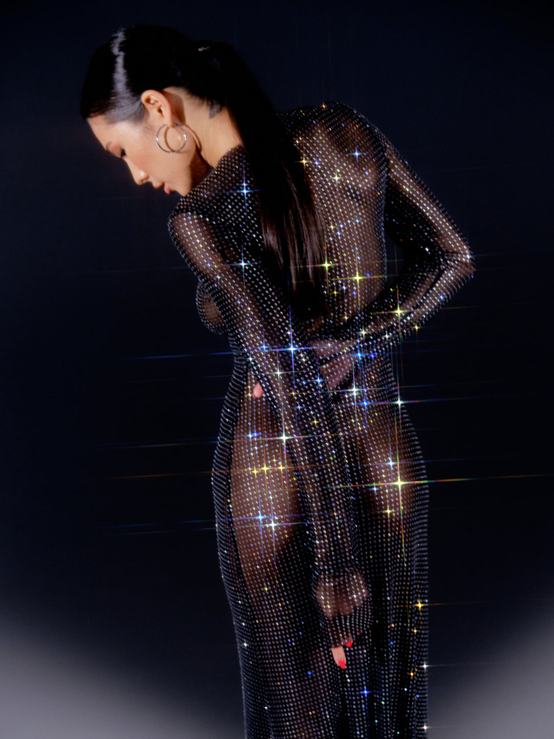 Crystal Embellished Long Sleeve Maxi Dress in Black