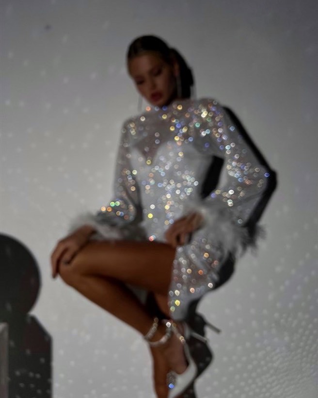 Hollie Crystal Embellished Fishnet Feather Cuff Mini Dress in White