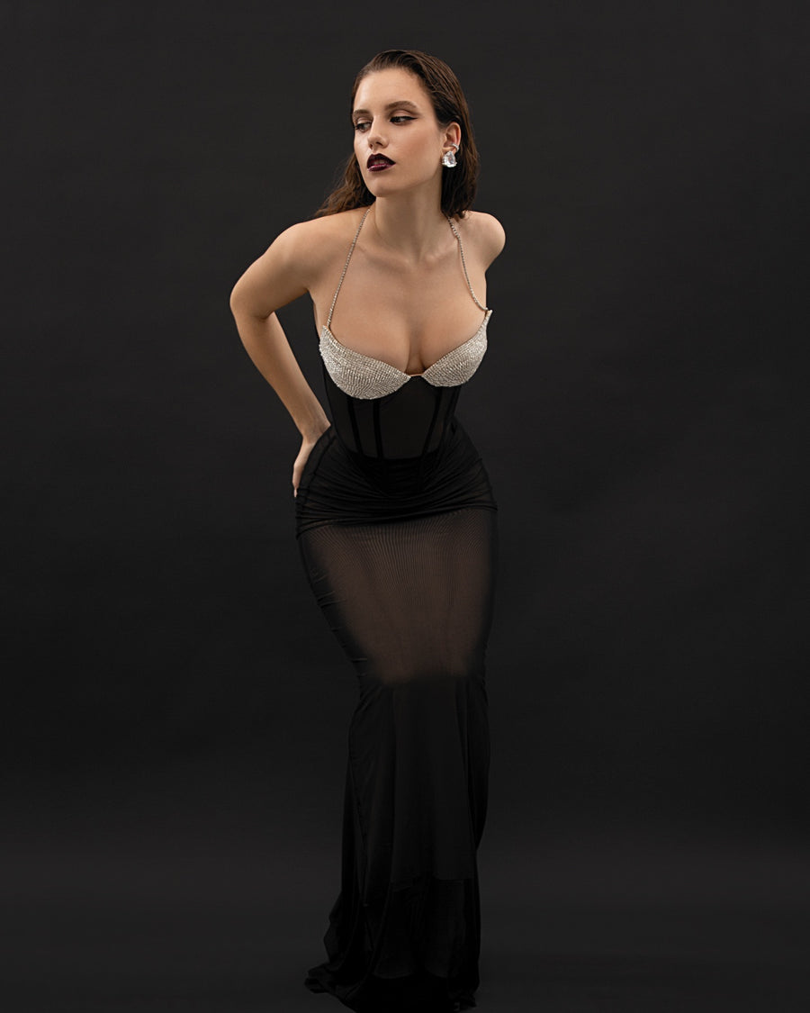 Topaz Rhinestone Embellished Cup Cropped Mesh Corset in Black