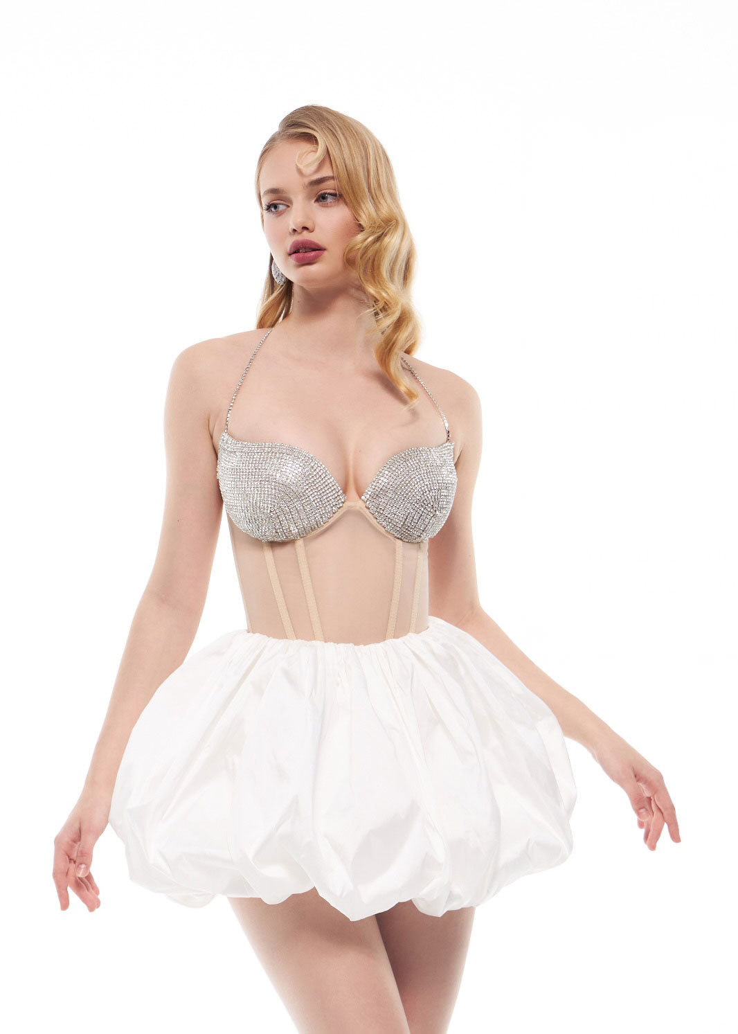 Topaz Rhinestone Embellished Cup Cropped Mesh Corset in Beige