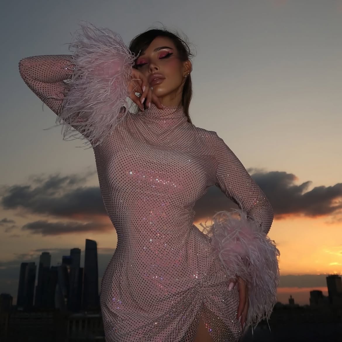 Diamond Swan Embellished Ostrich Feather Long Sleeve Mini Dress in Pink