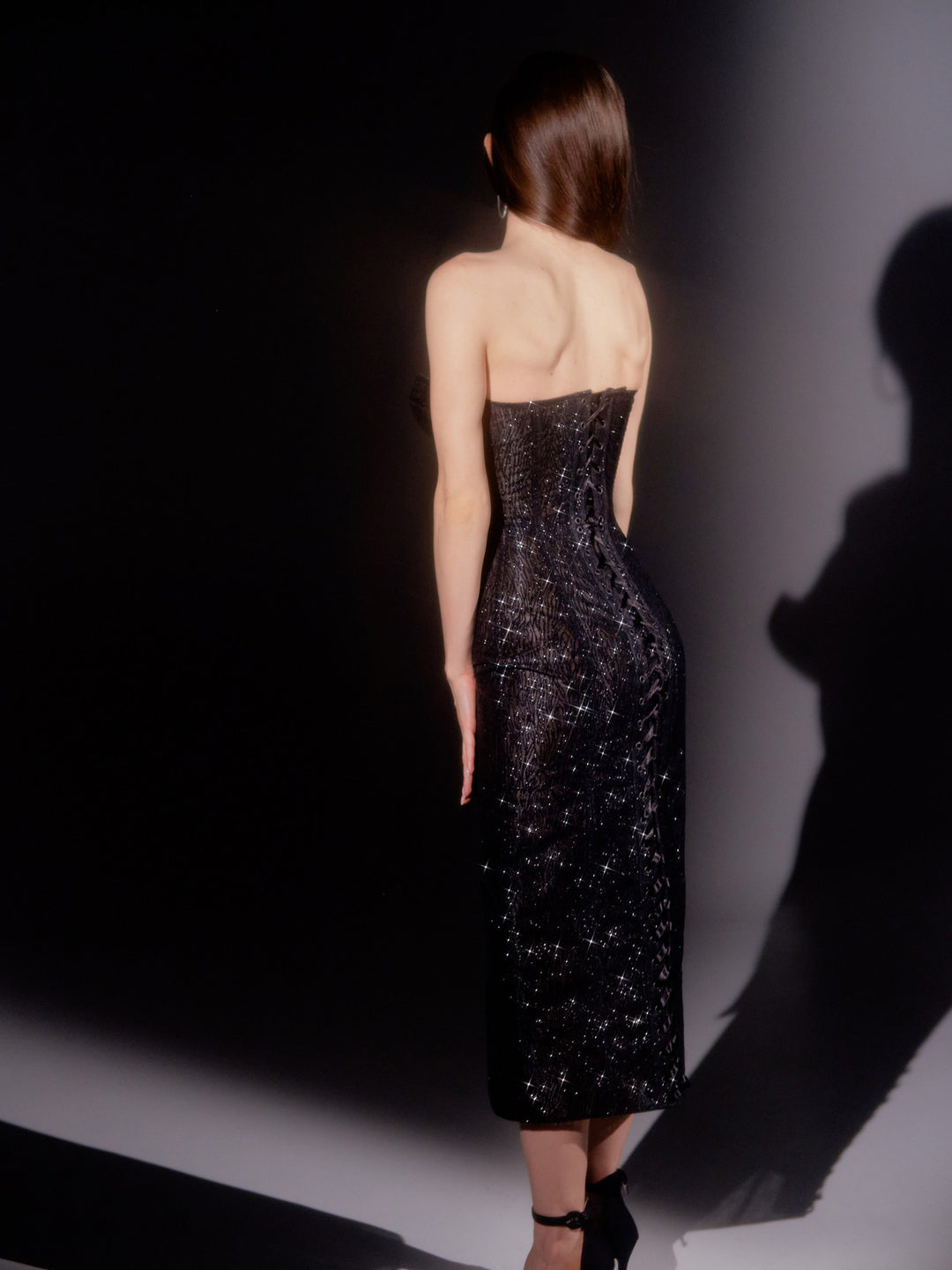 Muse Sparkle Corset Midi Dress in Black