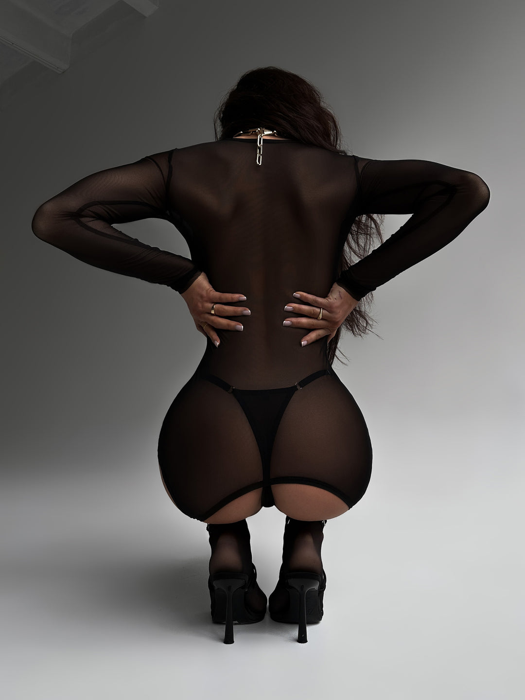 Seduction Long Sleeve Mesh Dress With Suspenders in Black