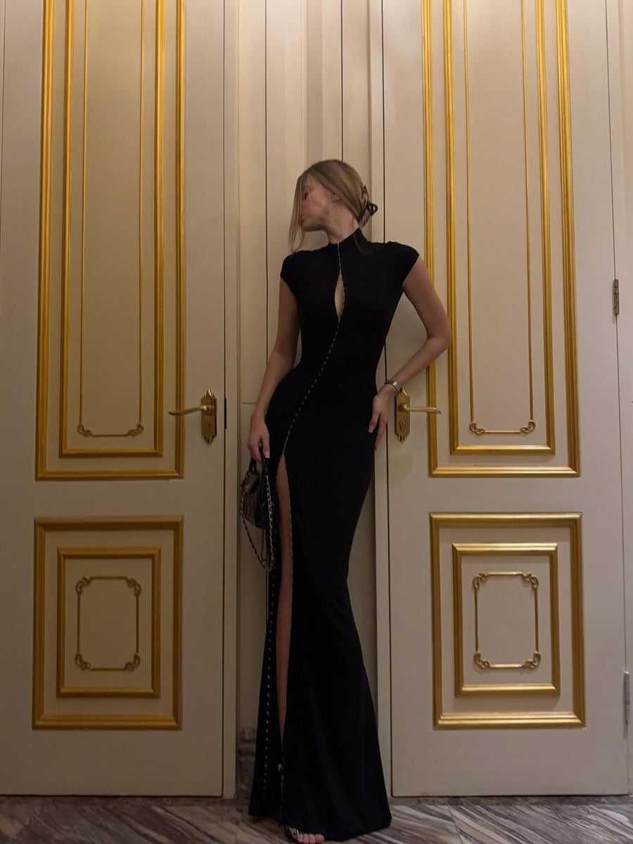 Tokyo Hook and Eye Thigh Split Maxi Dress in Black