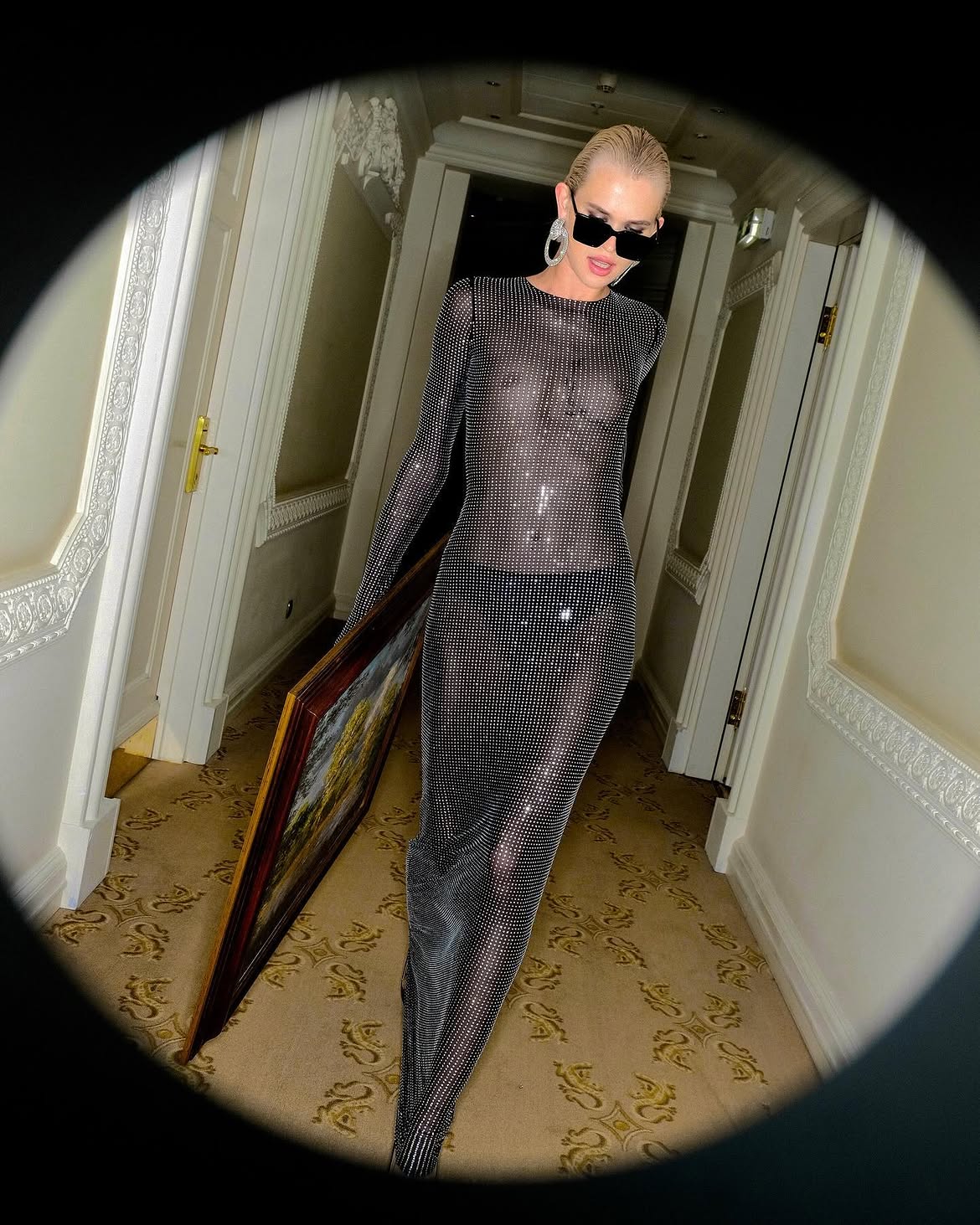 Crystal Embellished Long Sleeve Maxi Dress in Black
