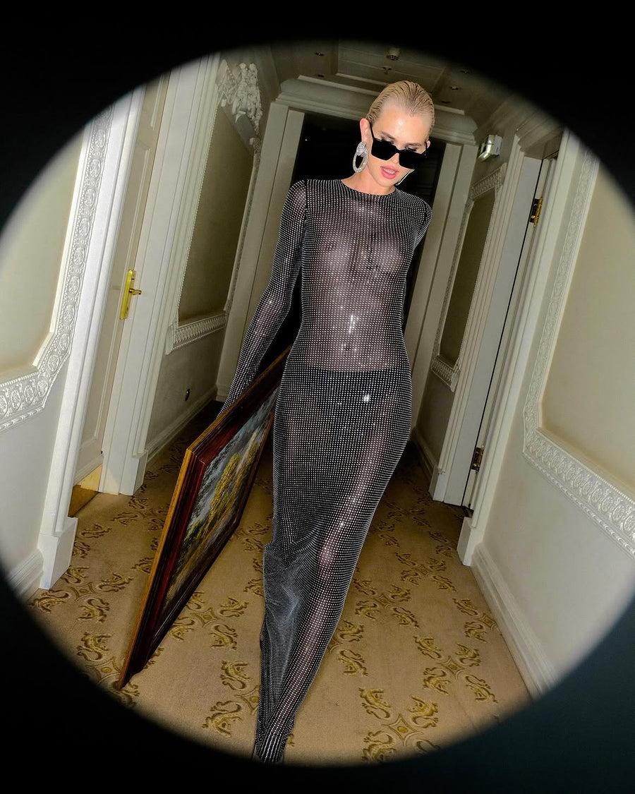 Crystal Embellished Long Sleeve Maxi Dress in Black