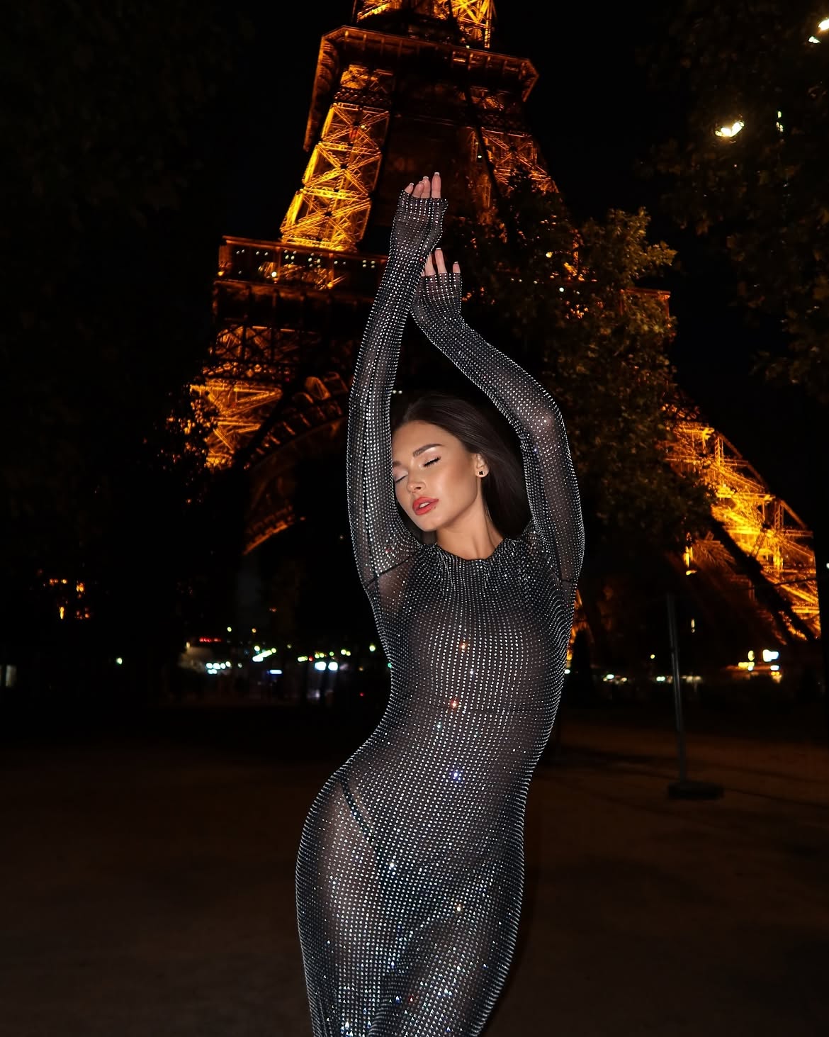 Crystal Embellished Long Sleeve Maxi Dress in Black