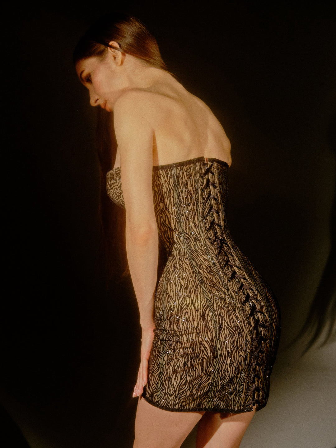 Muse Sparkle Corset Mini Dressin in Beige & Black