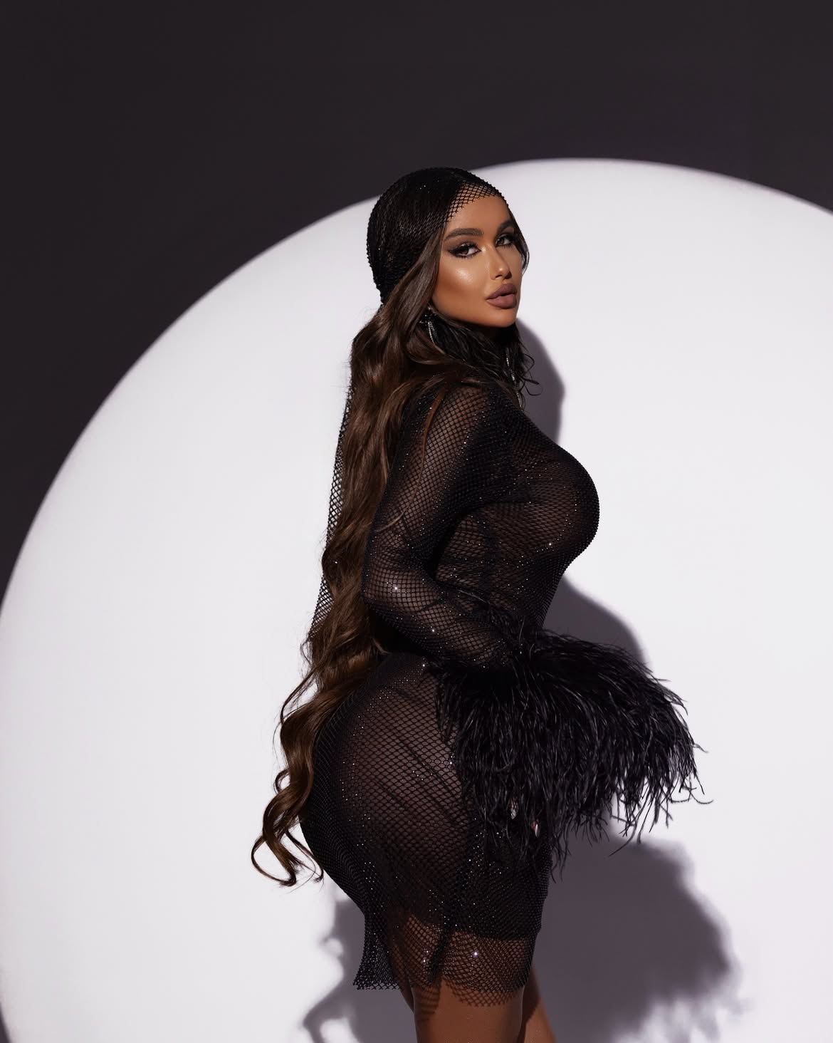 Diamond Swan Embellished Ostrich Feather Long Sleeve Mini Dress in Black