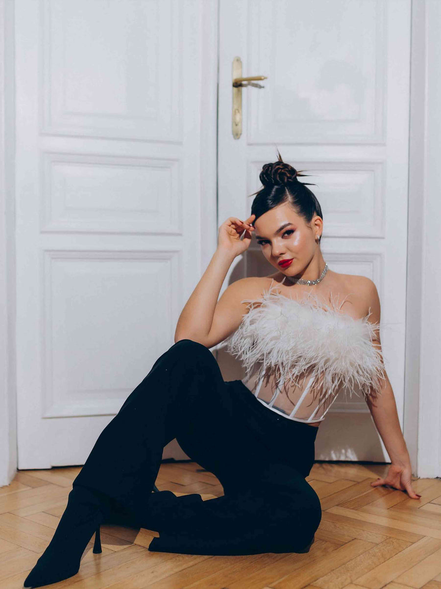 Swan Ostrich Feather Corset Top in White