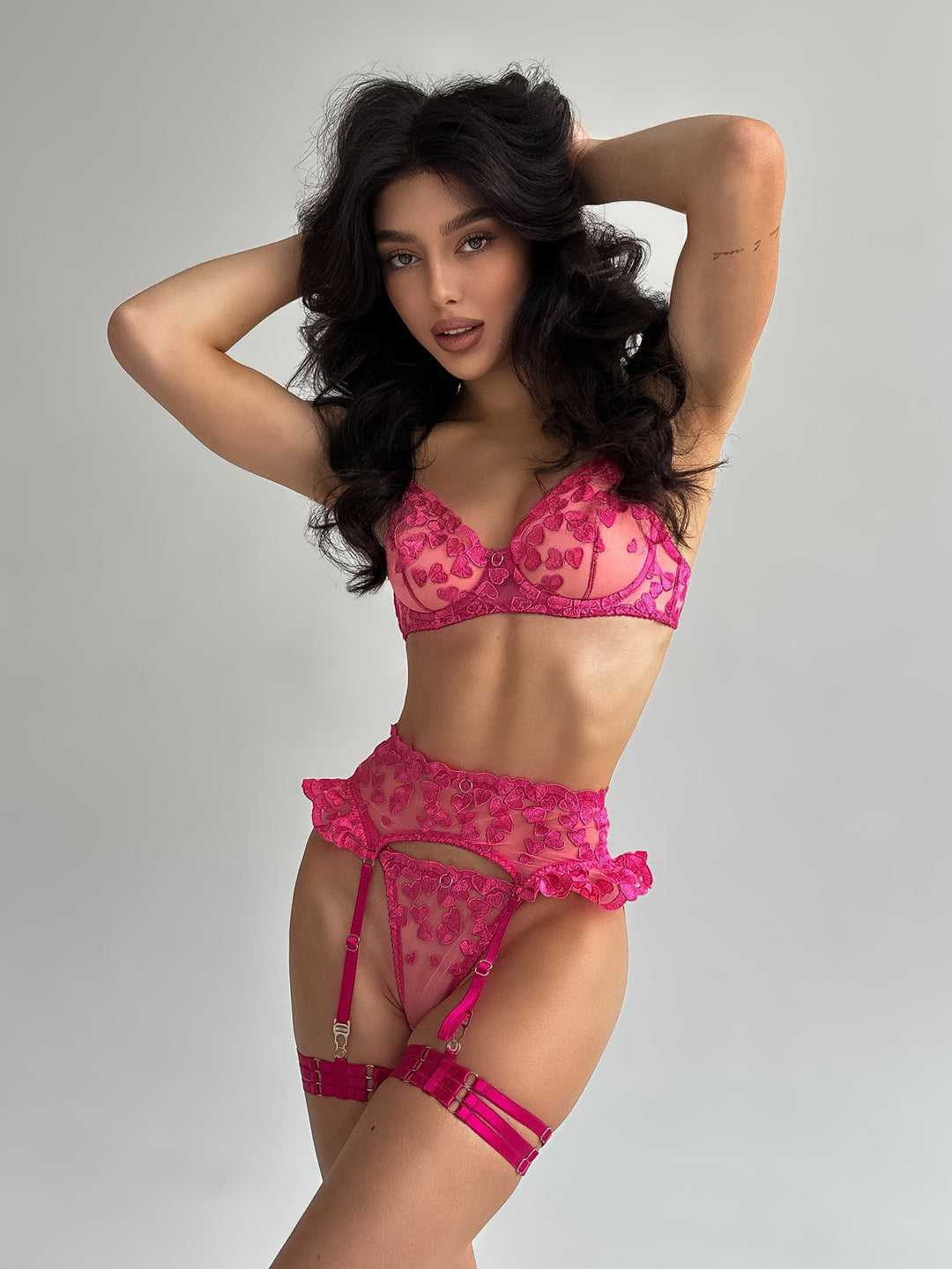 Raspberry 3 Piece Lingerie Set in Pink