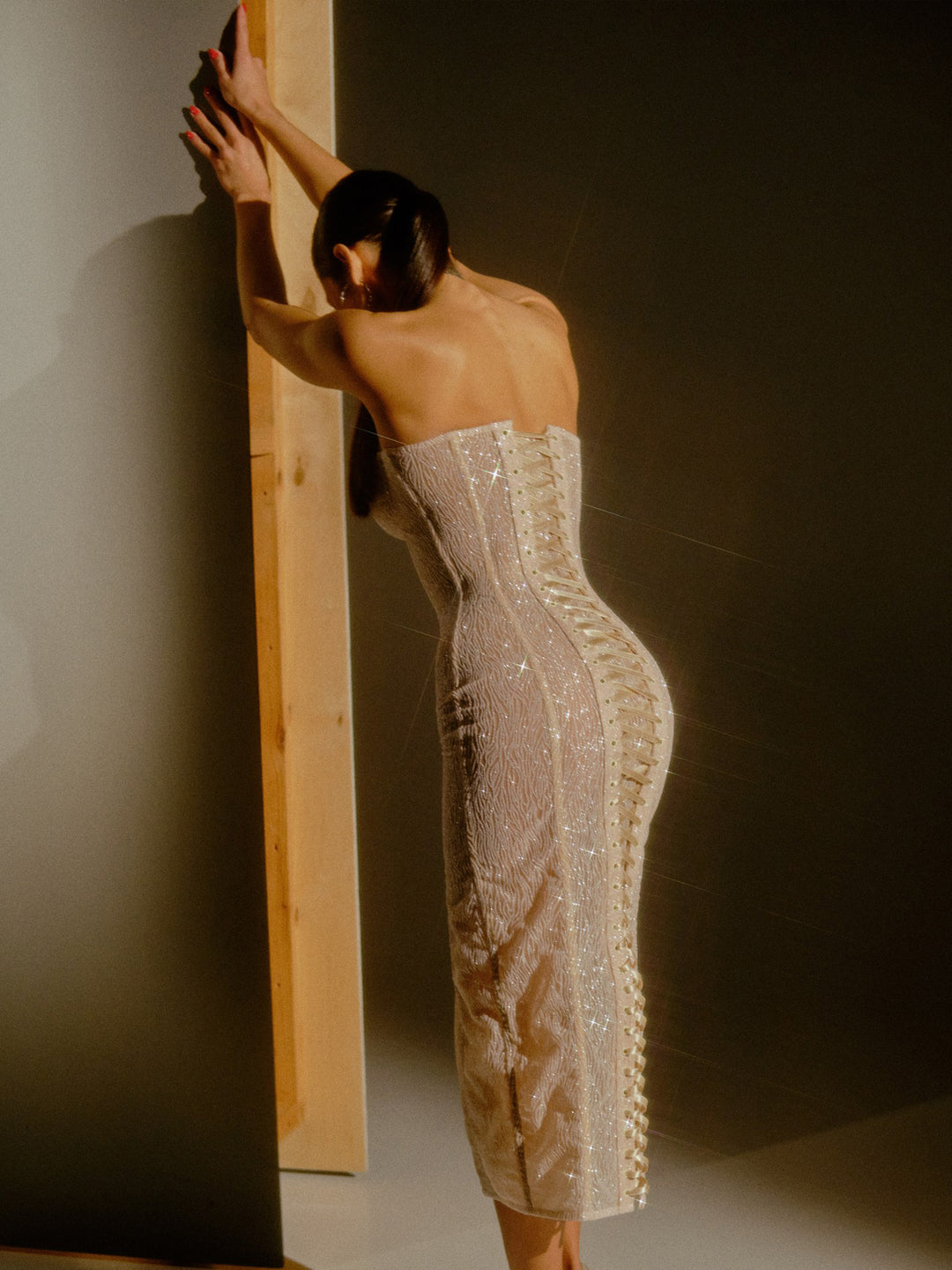 Muse Sparkle Corset Midi Dress in Ivory