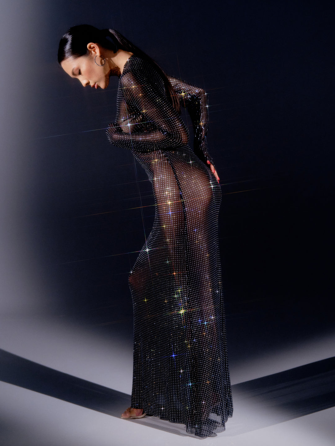 Crystal Embellished Long Sleeve Maxi Dress in Black