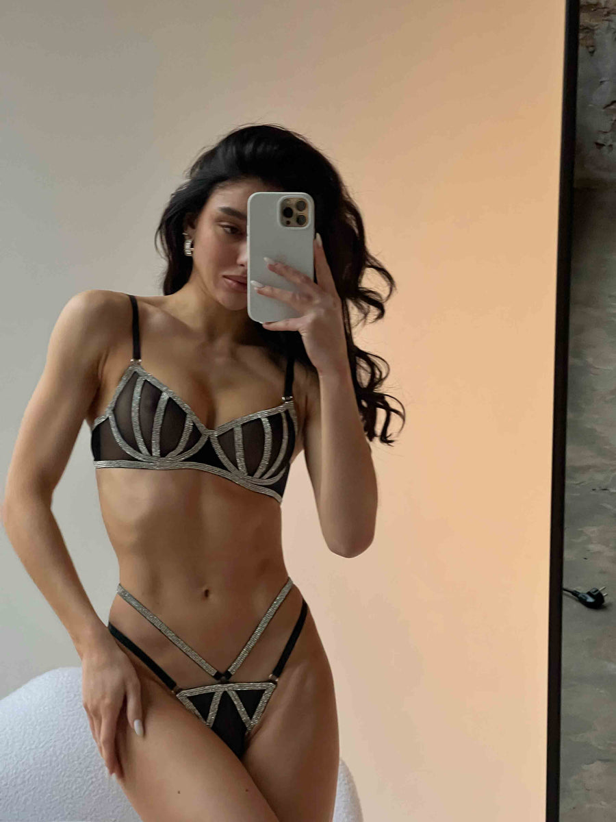 Crystal 3 Piece Lingerie Set in Black
