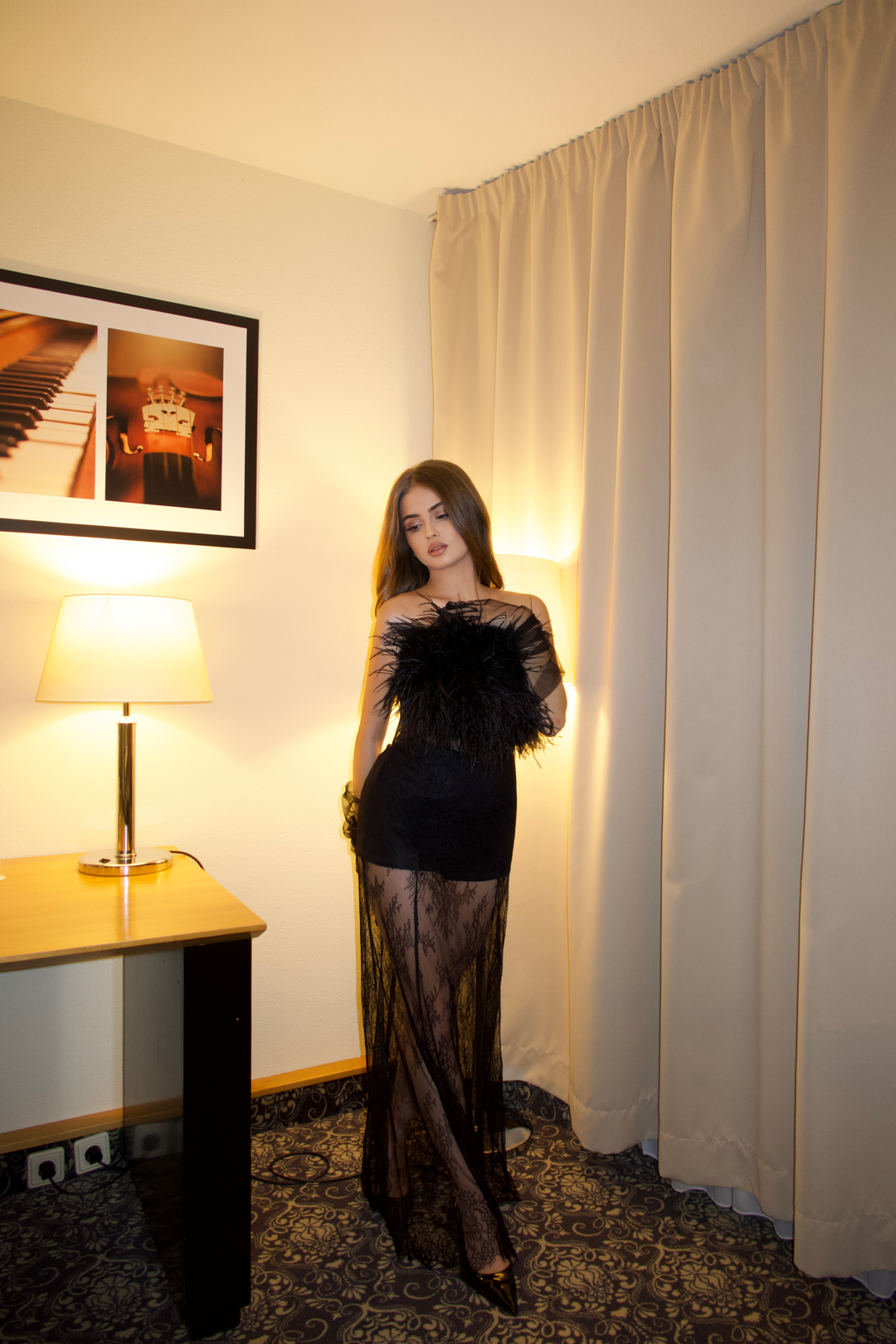 Swan Ostrich Feather Corset Top in Black