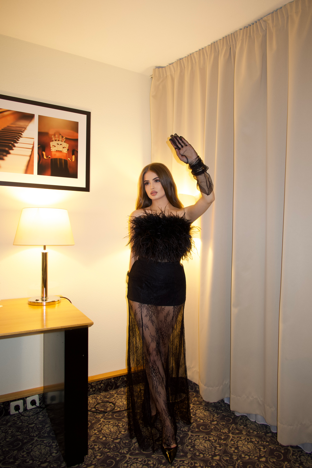 Swan Ostrich Feather Corset Top in Black