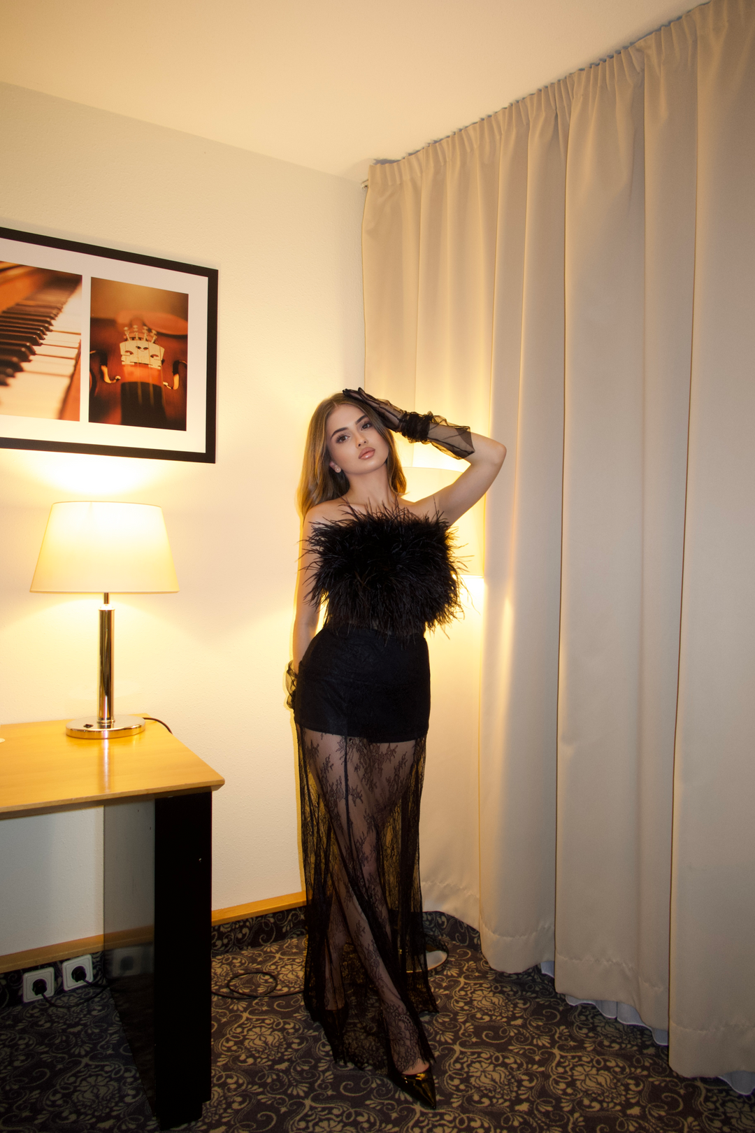 Swan Ostrich Feather Corset Top in Black