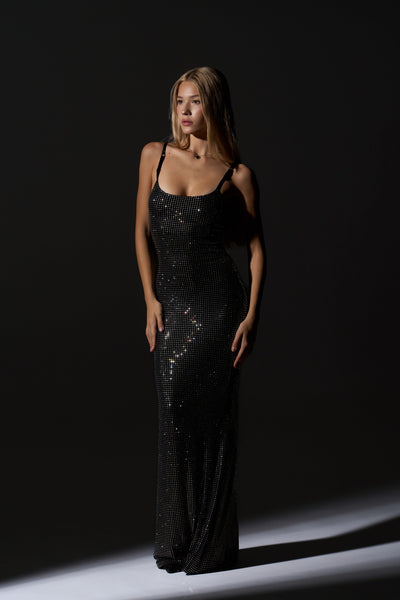 Icon Strappy Rhinestone Embellished Maxi Dress in Silver & Black XL / Black