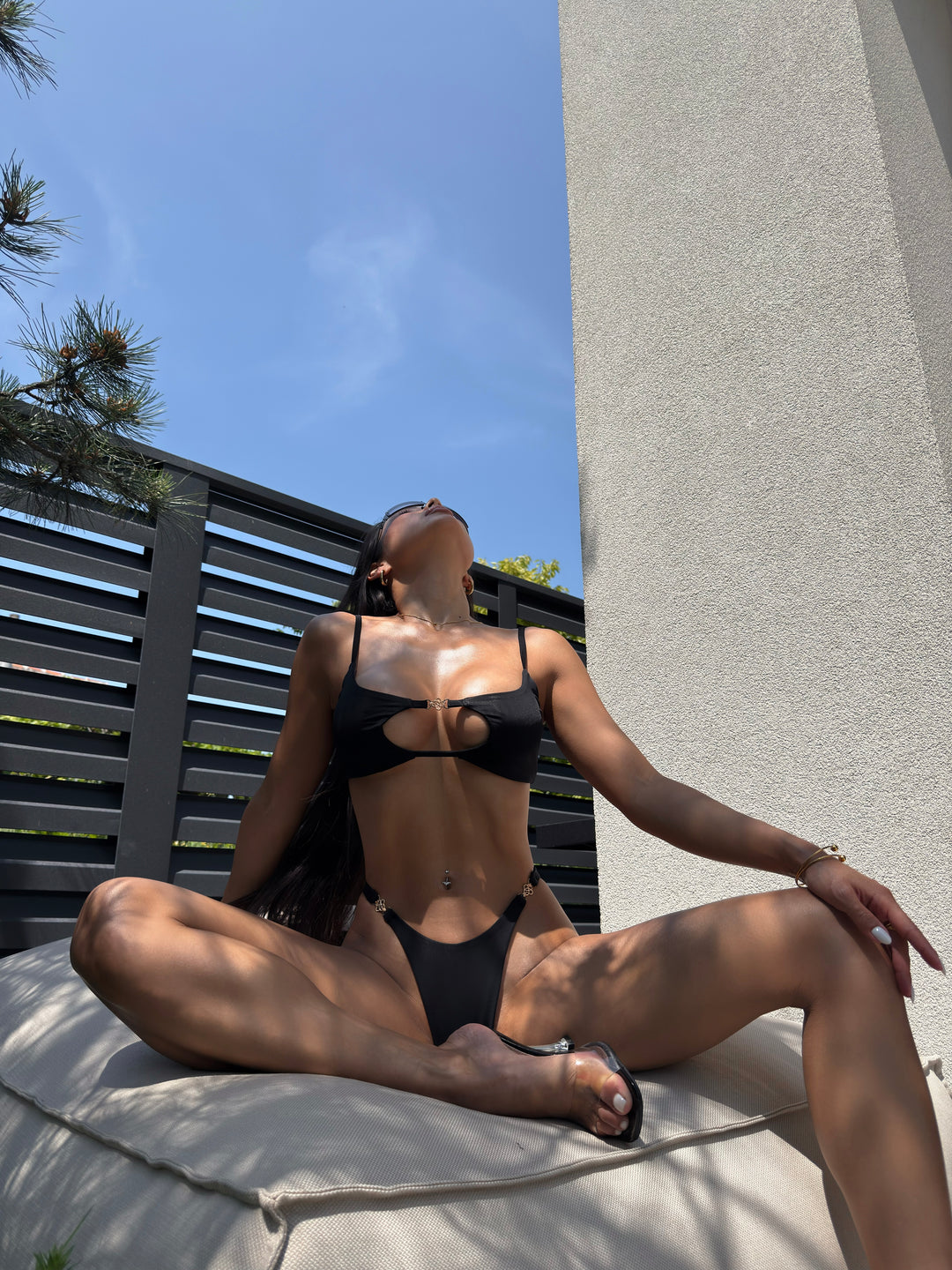 Desire Cut Out Bust Criss Cross Back Bikini Set in Black