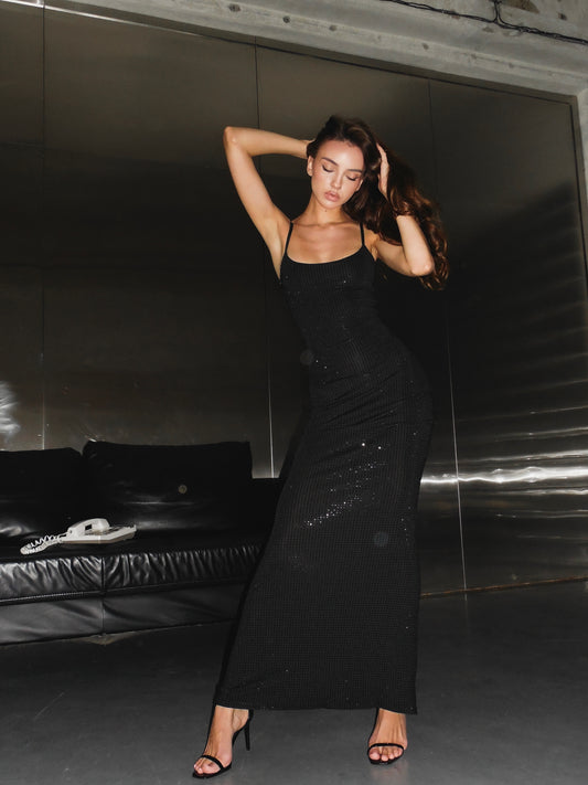 Icon Strappy Rhinestone Embellished Maxi Dress in Black
