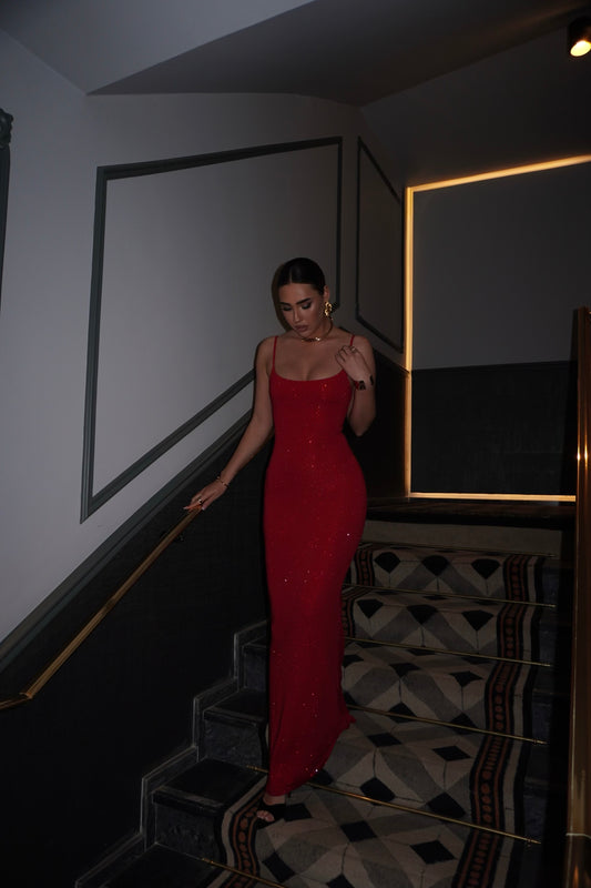 Icon Strappy Rhinestone Embellished Maxi Dress in Red