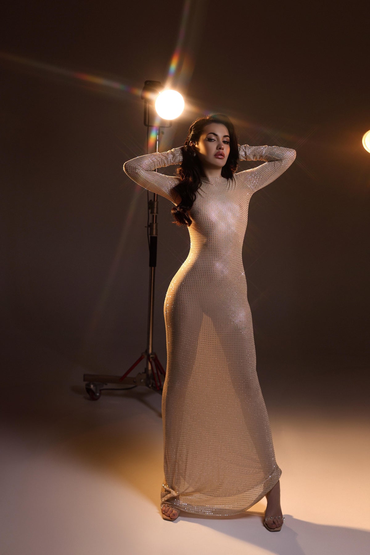 Crystal Embellished Long Sleeve Maxi Dress in Beige