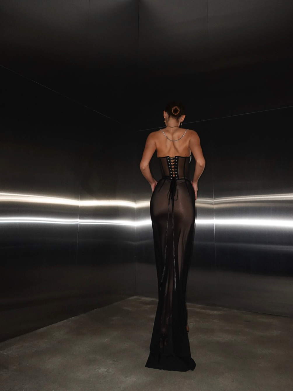 Topaz Rhinestone Embellished Cup Corset & Kylie Mesh Maxi Skirt Set in Black