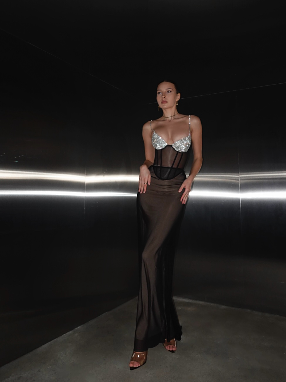 Topaz Rhinestone Embellished Cup Cropped Mesh Corset in Black