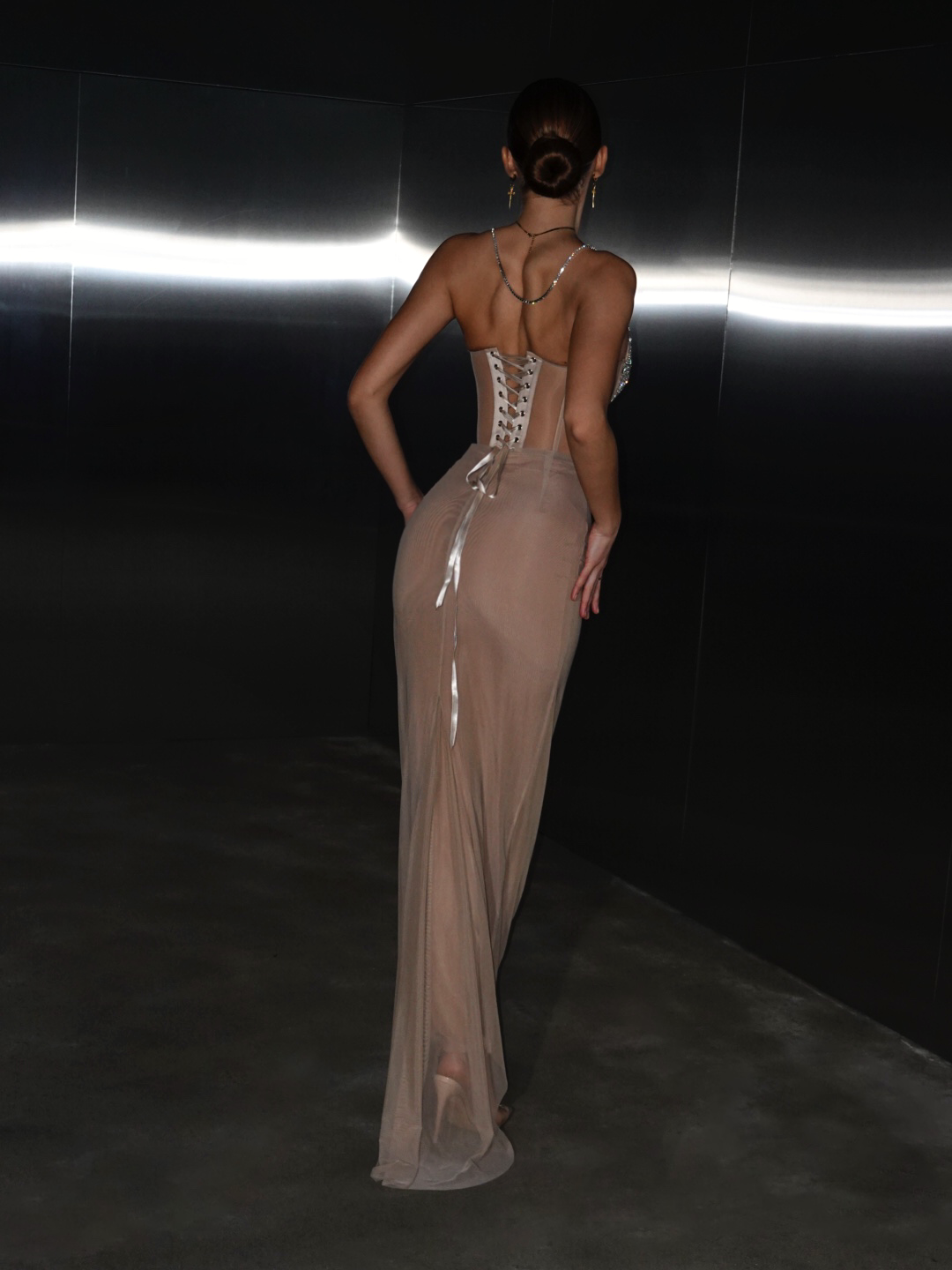 Topaz Rhinestone Embellished Cup Cropped Mesh Corset in Beige