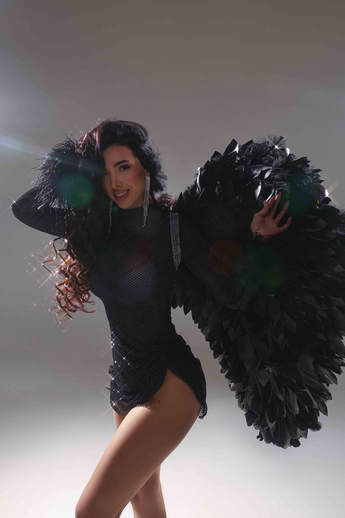 Diamond Swan Embellished Ostrich Feather Long Sleeve Mini Dress in Black