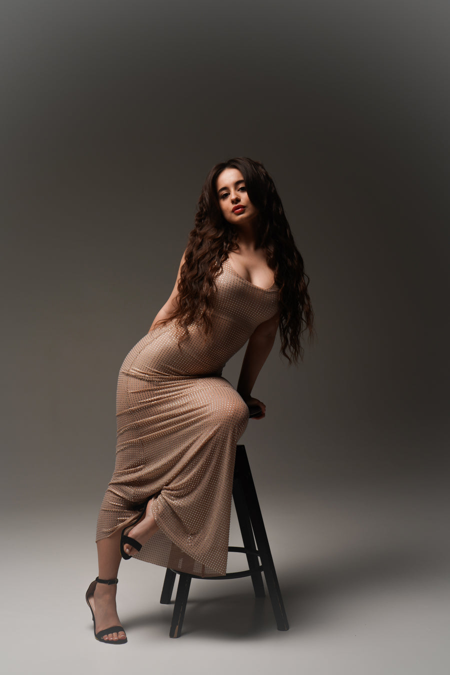 Crystal Embellished Maxi Dress in Beige