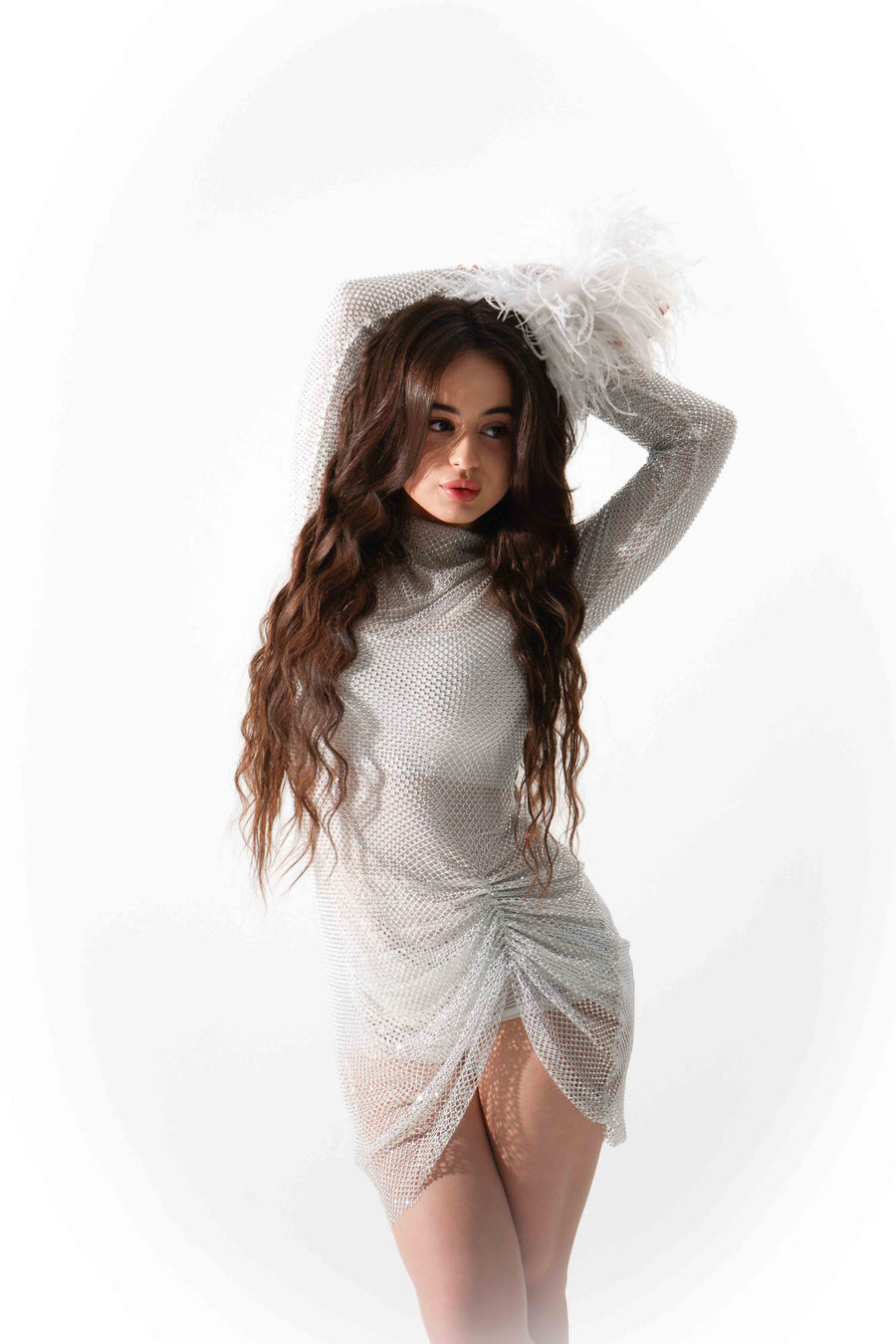 Diamond Swan Embellished Ostrich Feather Long Sleeve Mini Dress in White