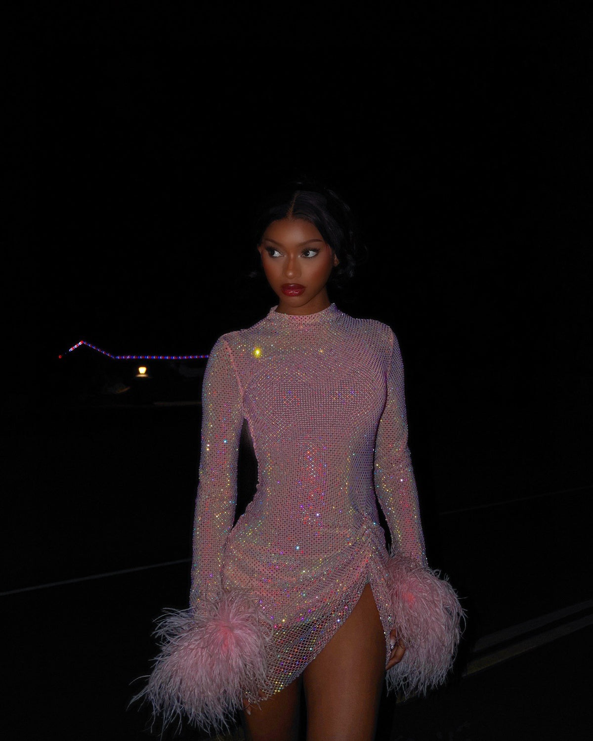 Diamond Swan Embellished Ostrich Feather Long Sleeve Mini Dress in Pink