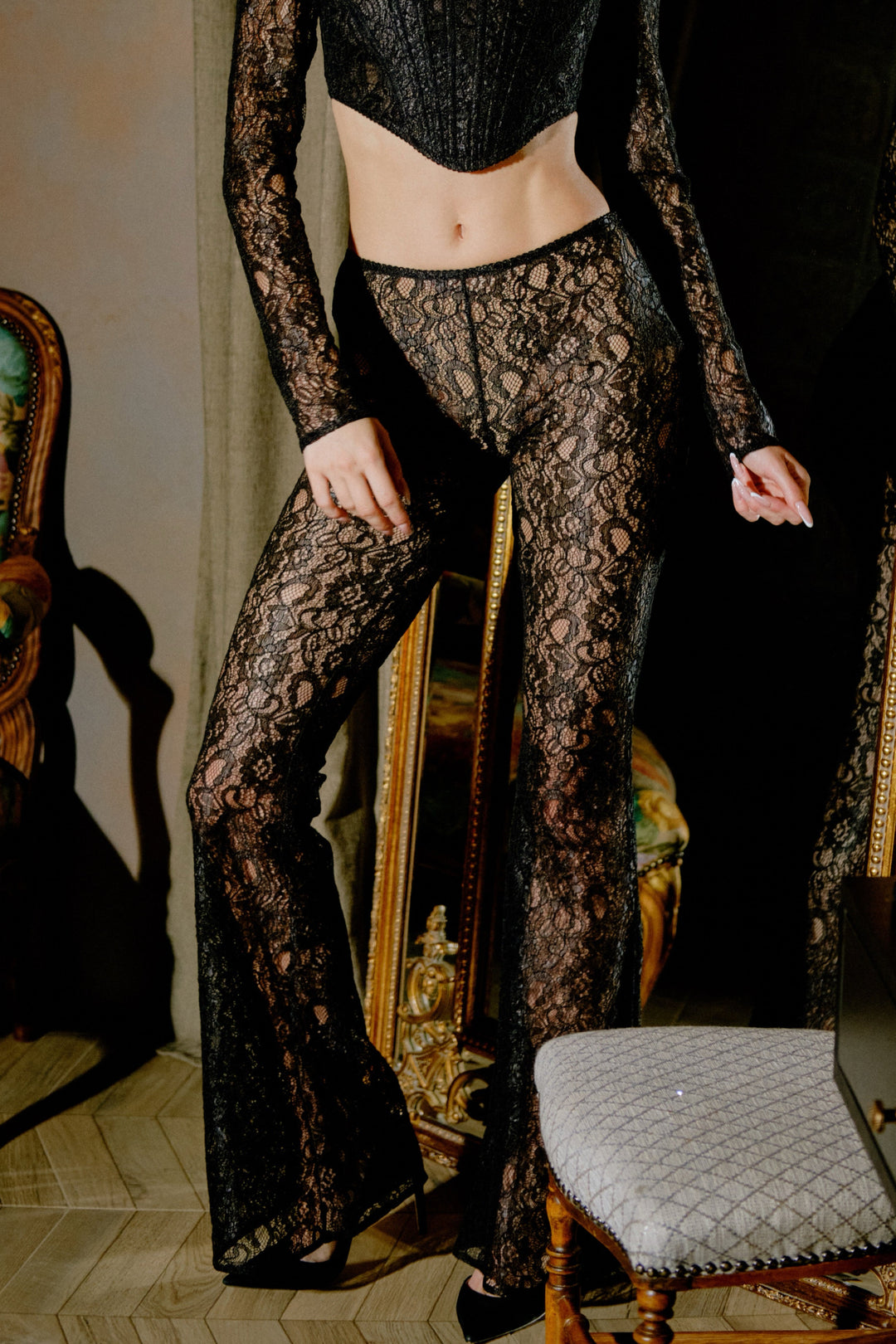 Fleur French Lace Flared Pants in Black