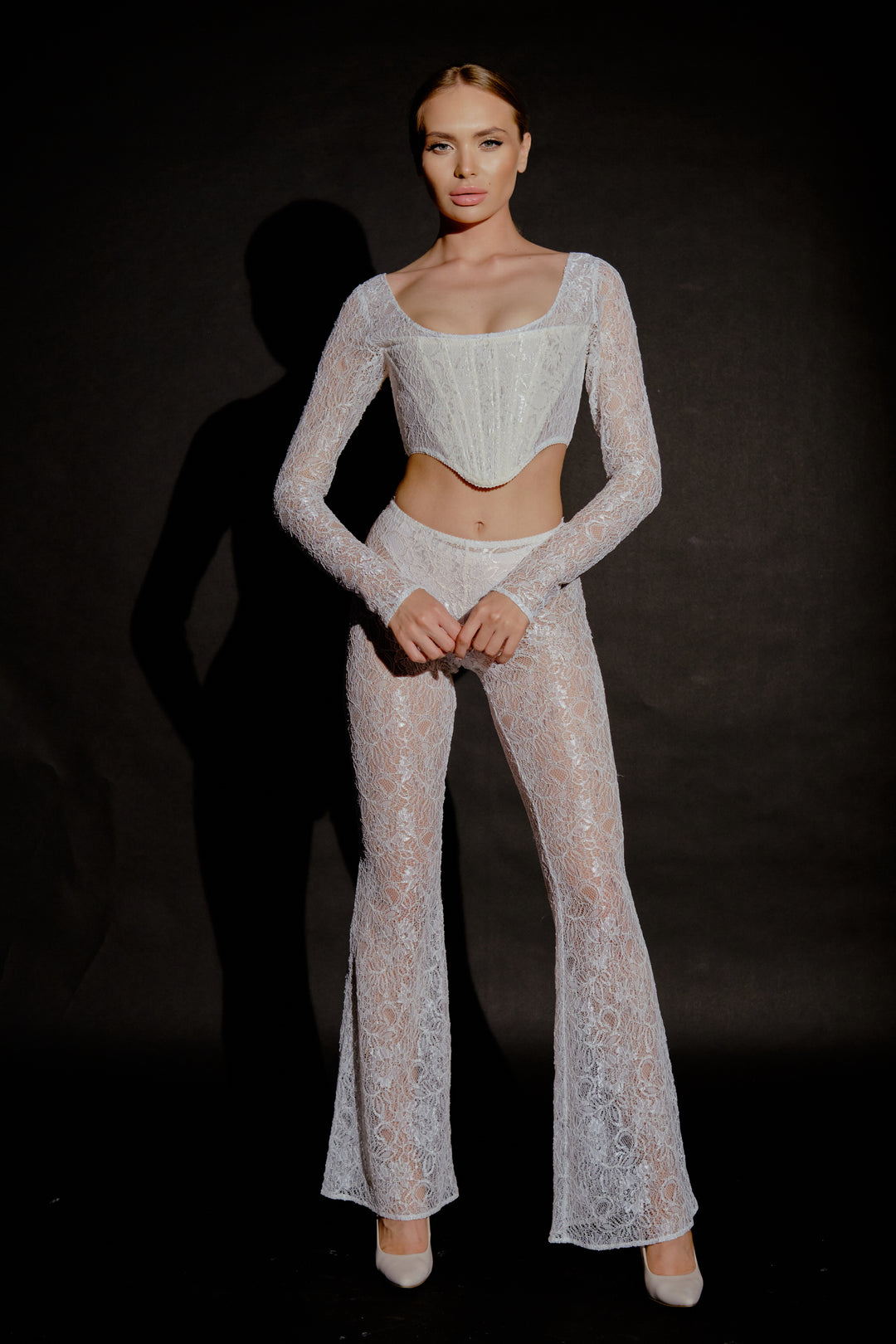 Fleur French Lace Corset Top & Flared Pants Set in White