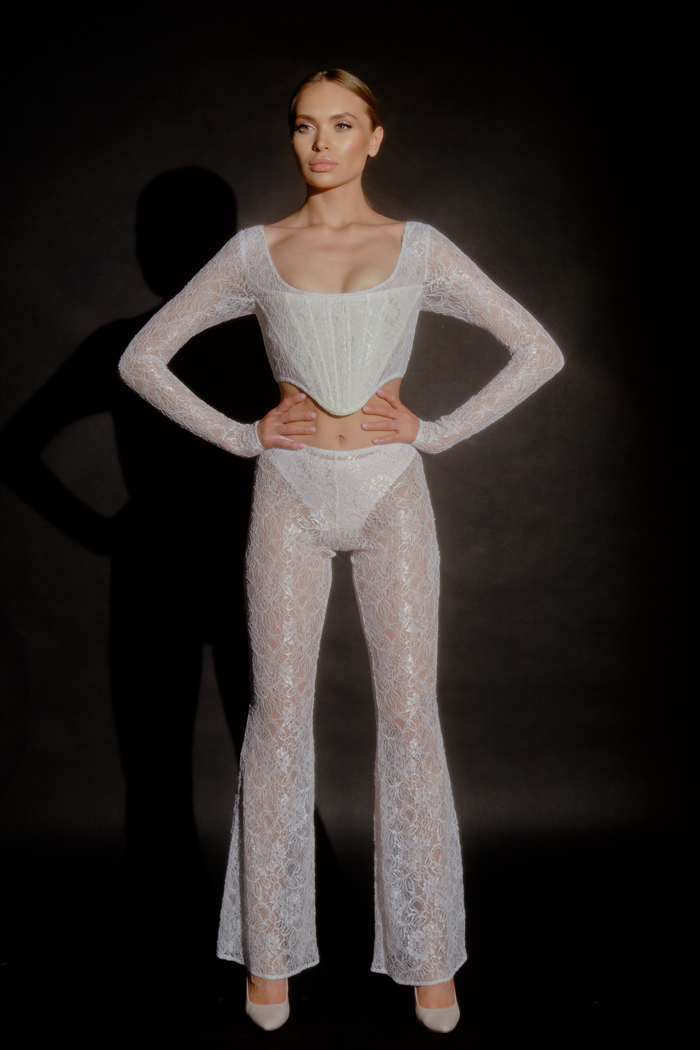 Fleur French Lace Corset Top & Flared Pants Set in White – MERIEL