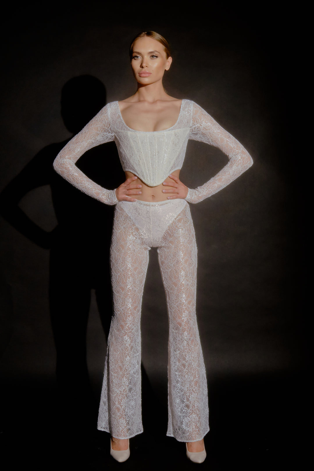 Fleur French Lace Corset Top & Flared Pants Set in White