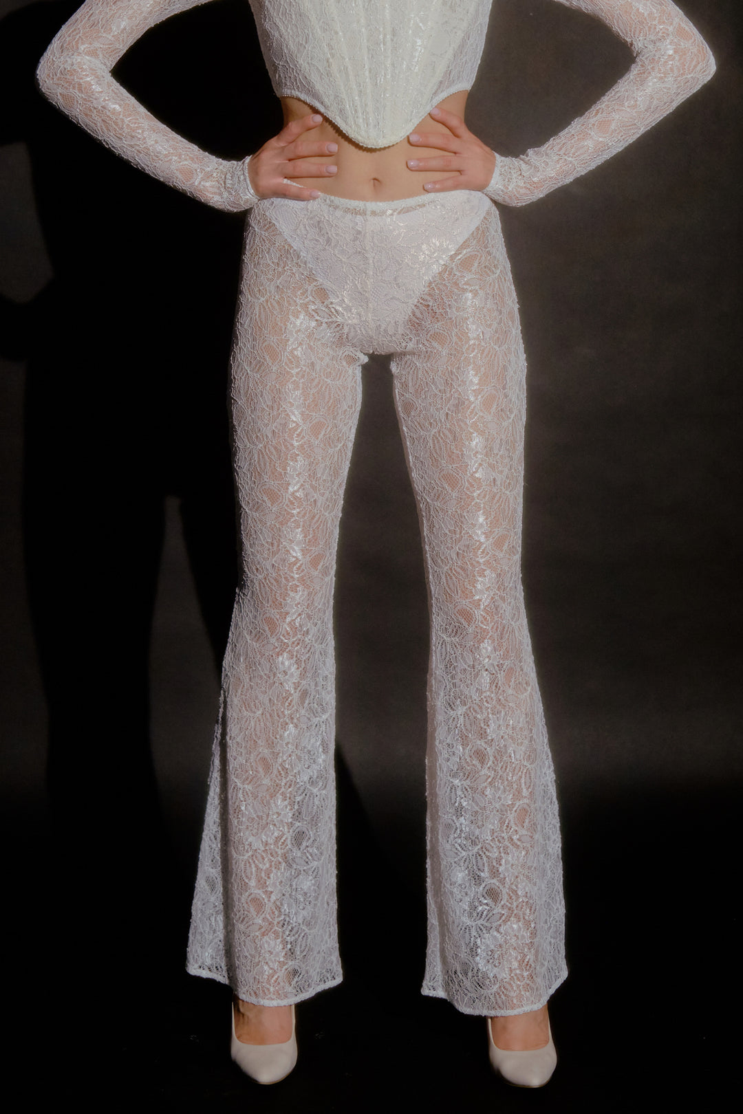 Fleur French Lace Flared Pants in White