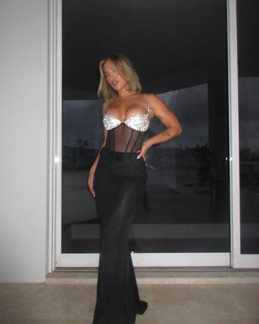 Topaz Rhinestone Embellished Cup Cropped Mesh Corset in Black