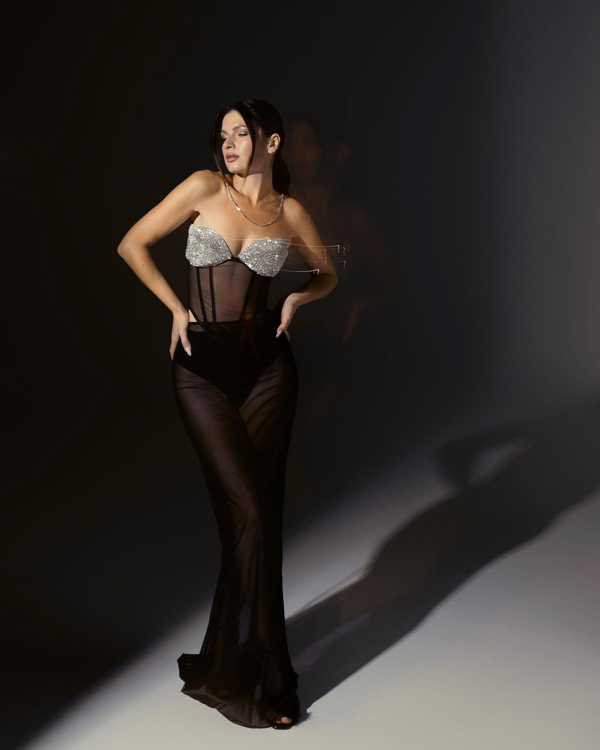 Topaz Rhinestone Embellished Cup Cropped Mesh Corset in Black