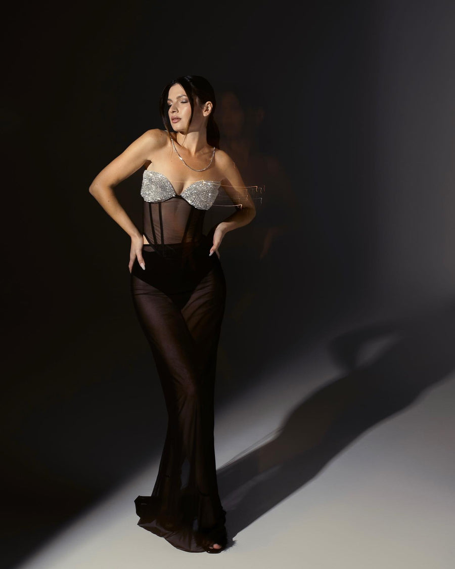 Topaz Rhinestone Embellished Cup Cropped Mesh Corset in Black