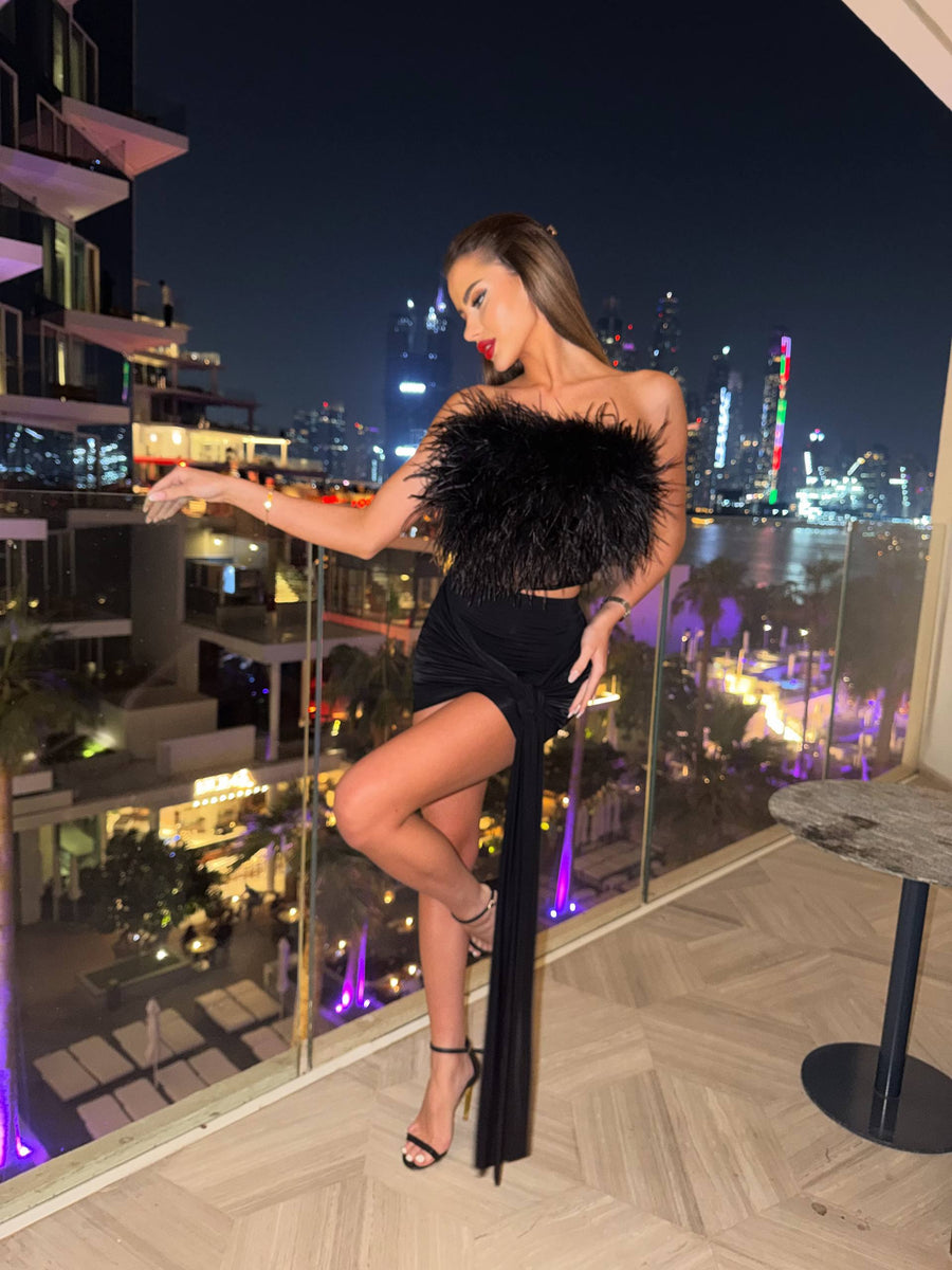 Swan Ostrich Feather Corset Top in Black
