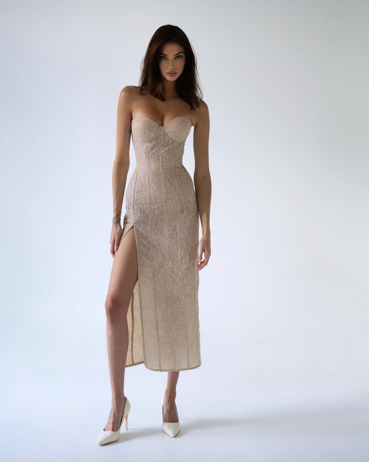 Muse Sparkle Corset Midi Dress in Ivory