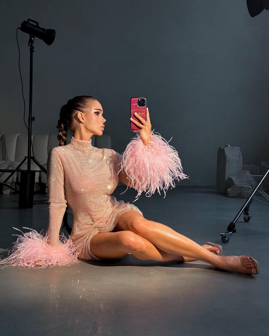 Diamond Swan Embellished Ostrich Feather Long Sleeve Mini Dress in Pink